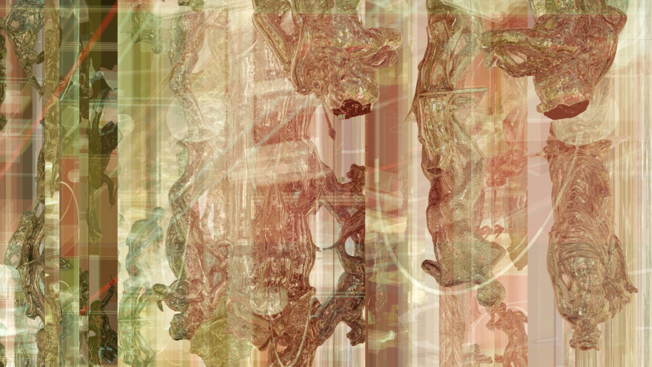 Belgian digital artwork merging new media art with philosophical exploration, highlighting the interaction between human cognition and digital expression.
