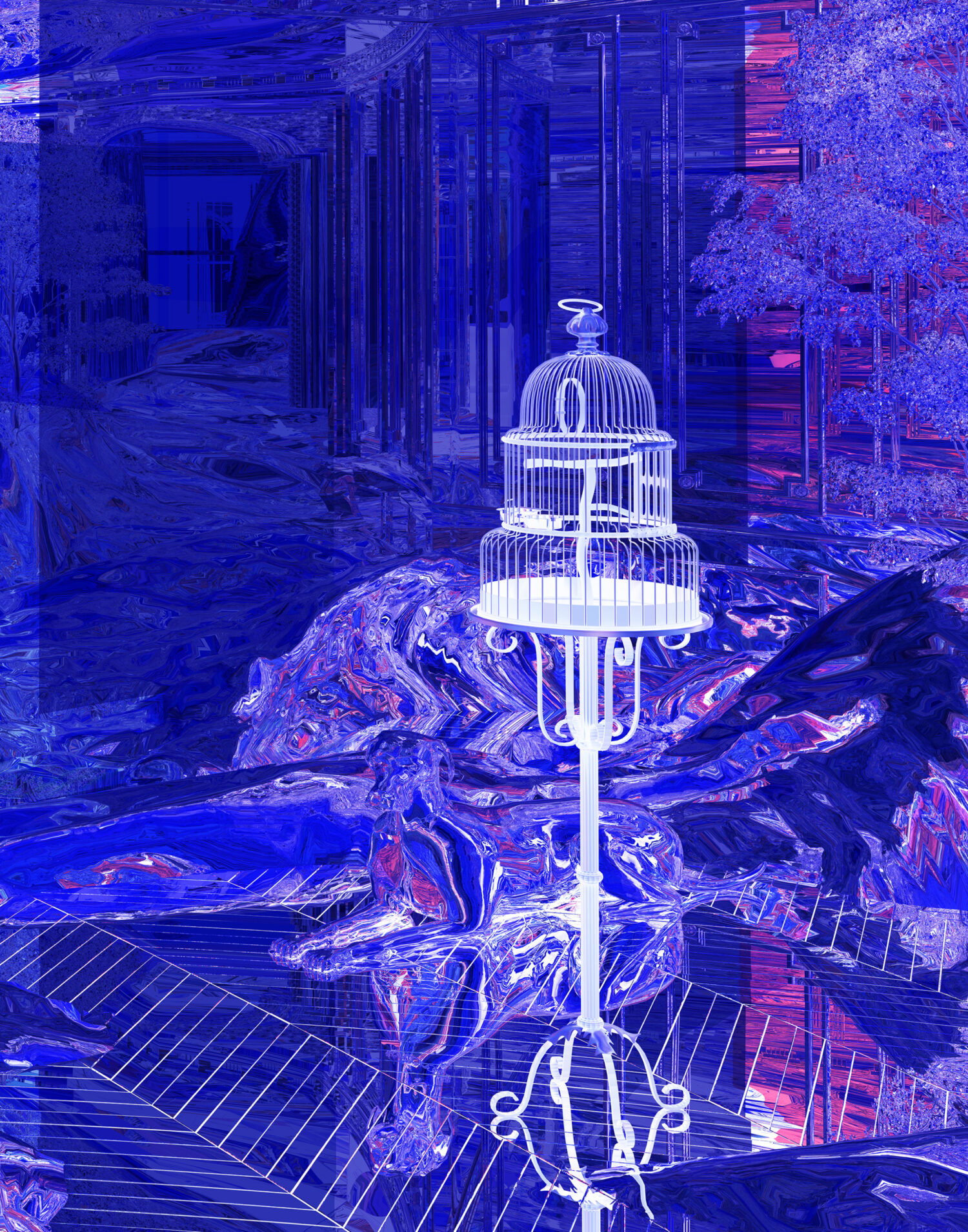 Detail featuring a birdcage from a digital artwork by contemporary artist Ommery De Zutter, capturing a tense gaze and a sense of unattached longing in the dynamic composition
