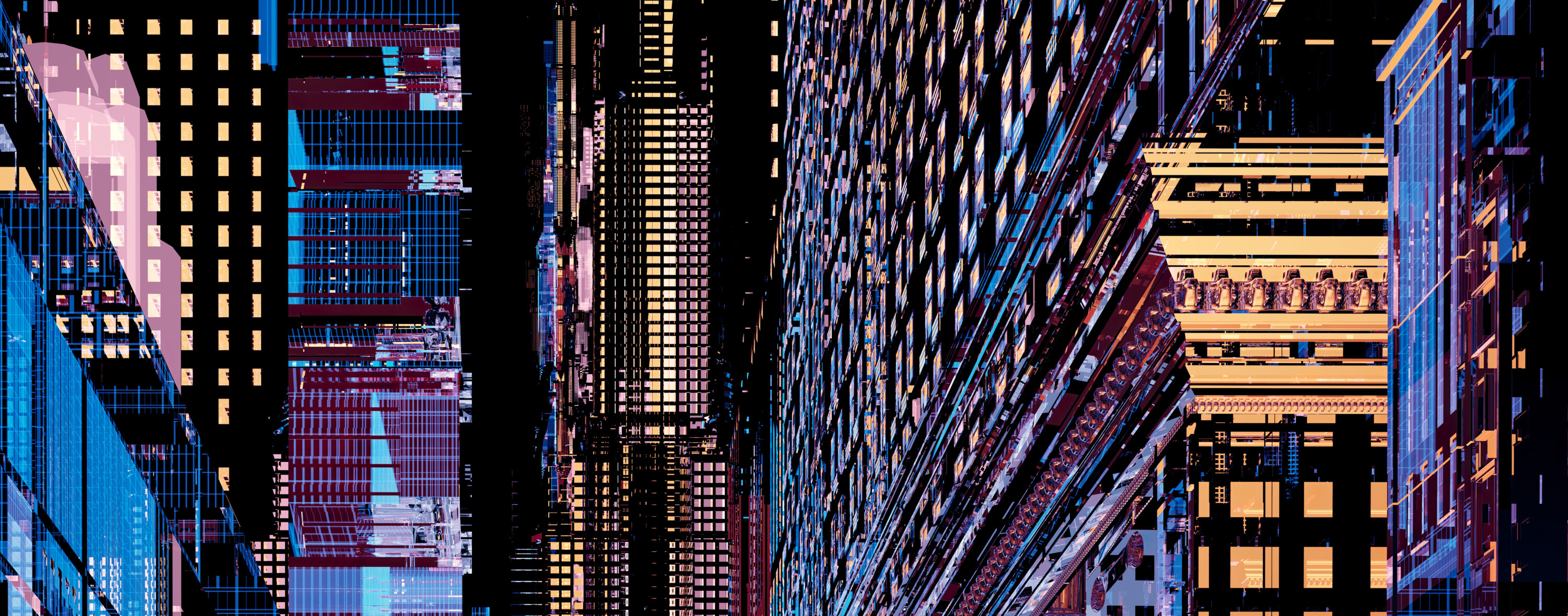 A vibrant digital artwork by Ommery De Zutter, illustrating the interplay between color and structure in a modern urban setting.