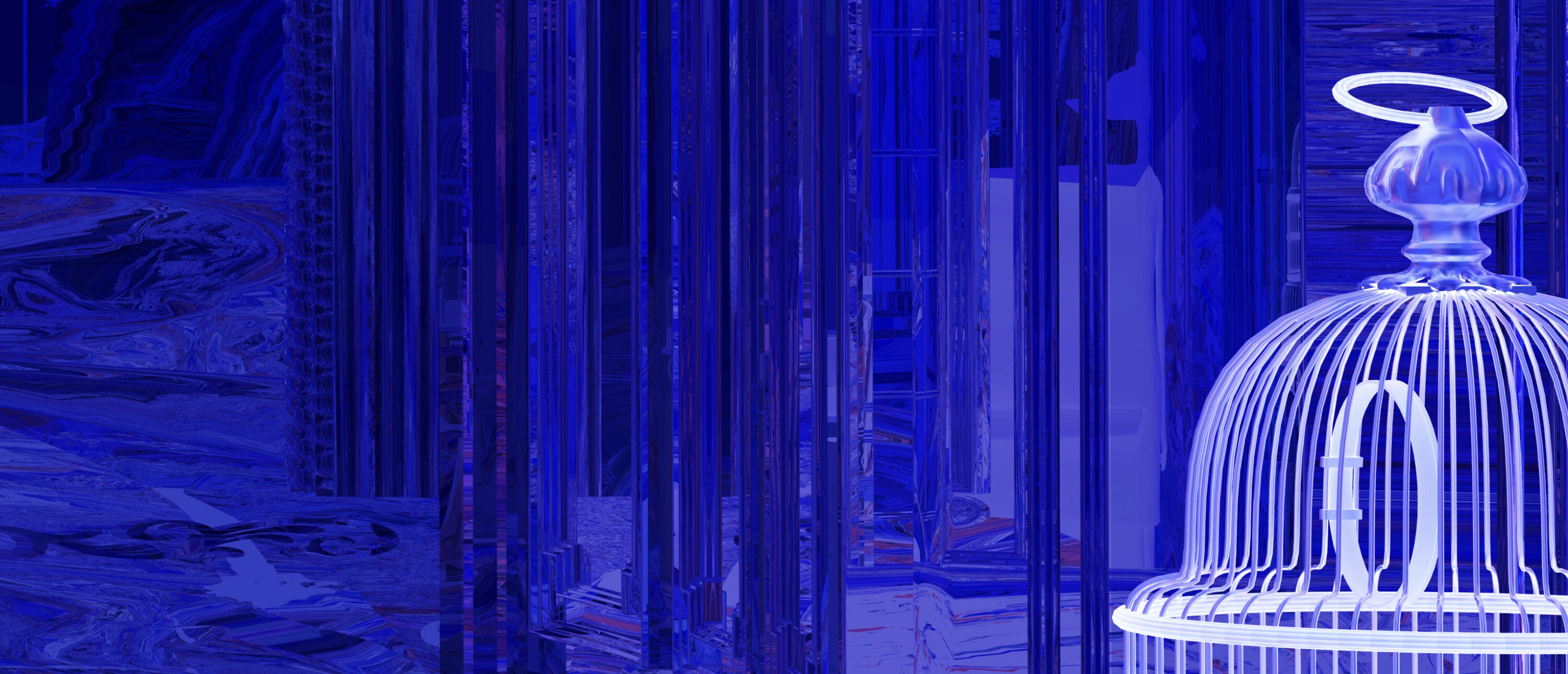 Extreme close-up of the intricate top of the birdcage in Ommery De Zutter’s digital artwork, showcasing delicate craftsmanship and symbolic emptiness within the broader narrative of the composition.