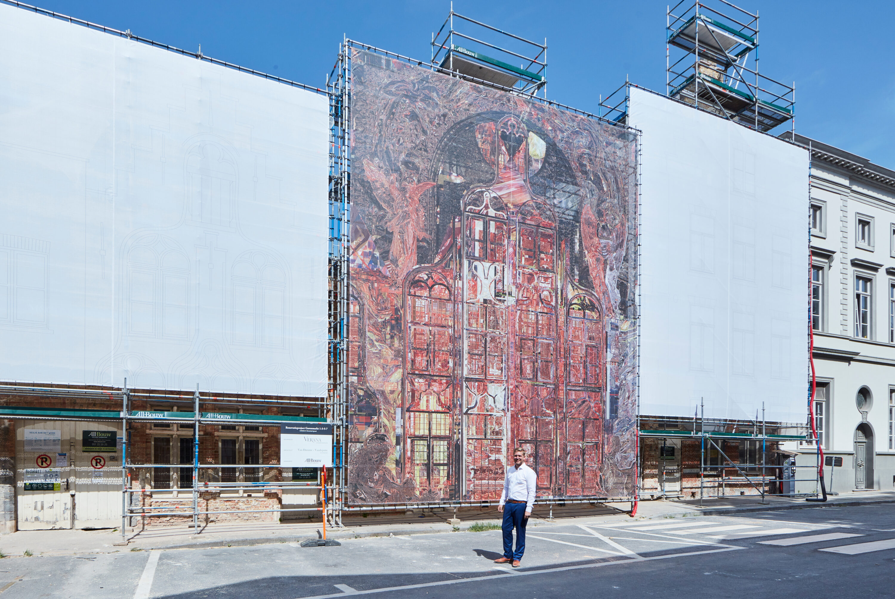 Digital art installation in Bruges, Belgium, merging historical architecture with digital infinity, created by Ommery De Zutter.