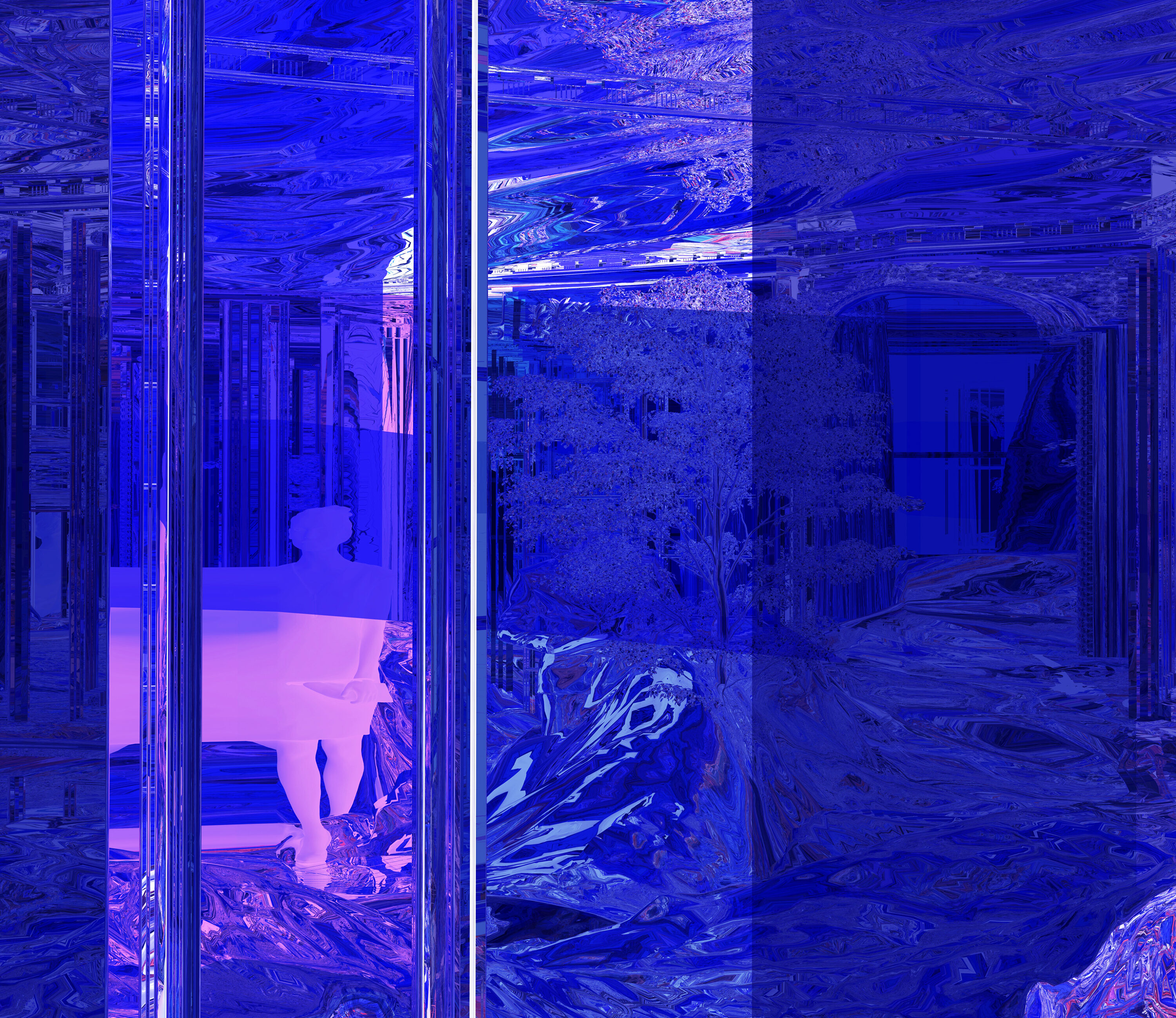 Close-up of the washed-away woman figurine blending into a deep blue center in Ommery De Zutter's digital artwork, showcasing the interplay of color, movement, and philosophical undertones.